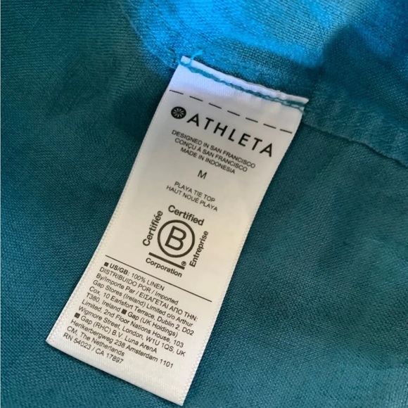 Athleta Women’s 100% Linen Wrap Top Tie Collar Blue Cropped Medium Classic - Picture 3 of 11